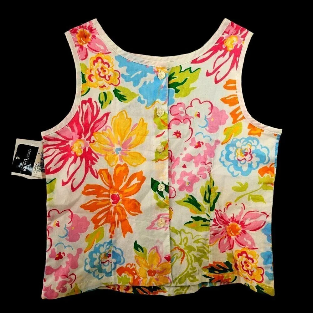 Ralph Lauren Little Girl Floral Sleeveless Cotton Top Sz 4 Pearl Btns Multi NWT
